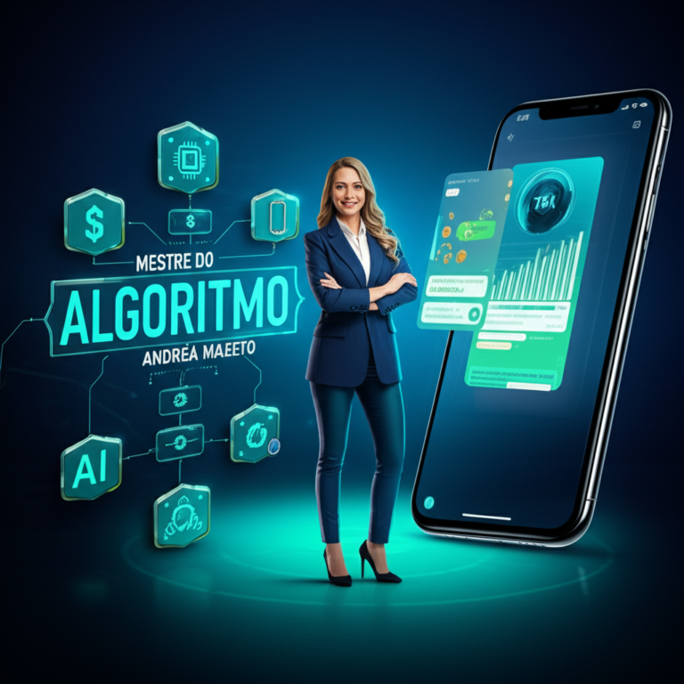 Ilustração de uma mentora de marketing digital ao lado de um holograma de algoritmo, com ícones de IA, smartphone, dinheiro e redes sociais, representando o curso Sistema Viral.
