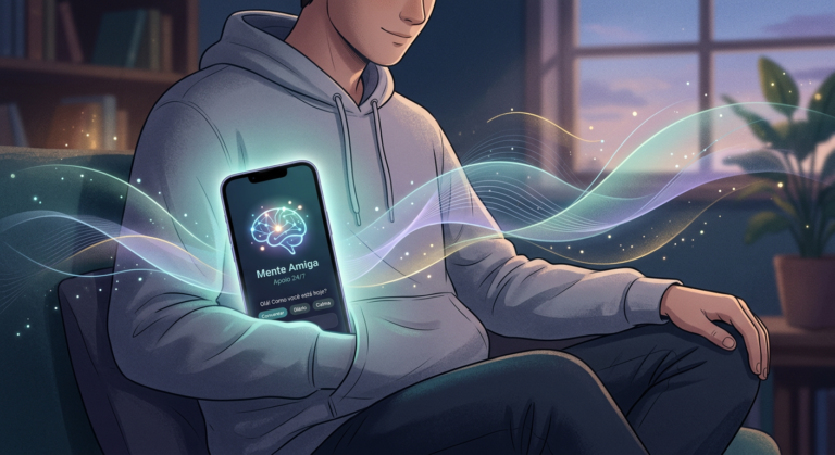 Smartphone com interface de IA de terapeuta de bolso, simbolizando apoio emocional e autoconhecimento 24 horas por dia.