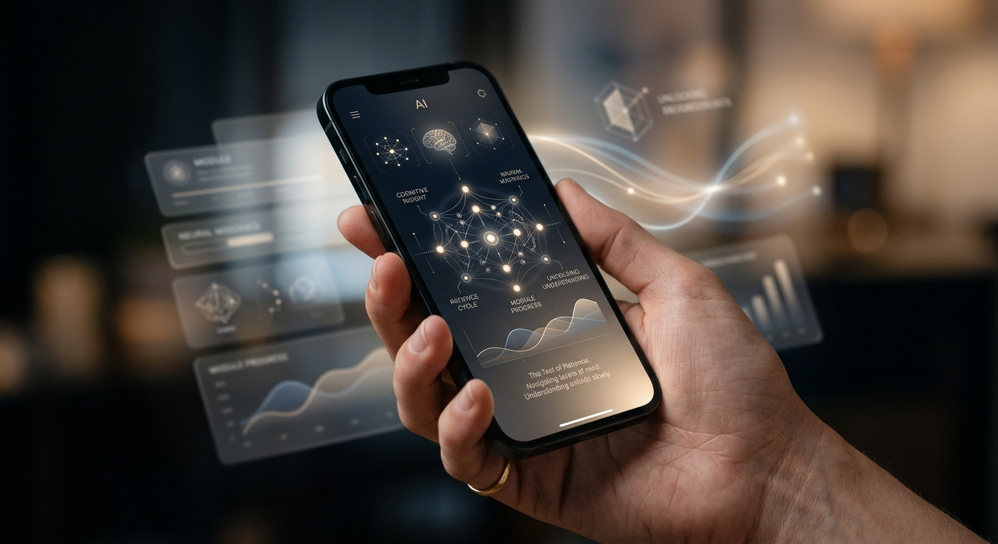 Mão segurando smartphone com interface de IA exibindo padrões neurais e texto 'AndreIA - Terapeuta de Bolso', simbolizando autoconhecimento e suporte digital com módulos liberados gradualmente.