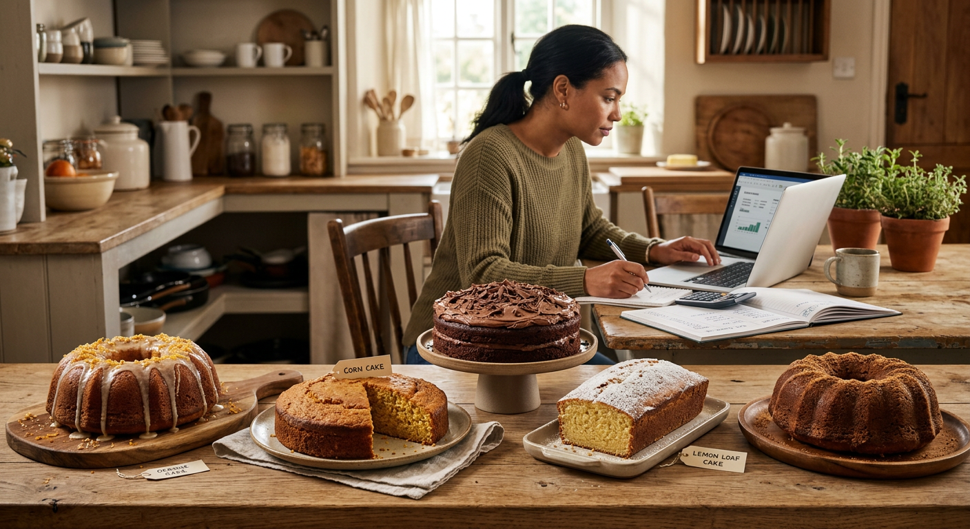 Mulher empreendedora analisando estratégias de vendas e marketing para bolos caseiros em sua cozinha, com produtos recém-assados na bancada.