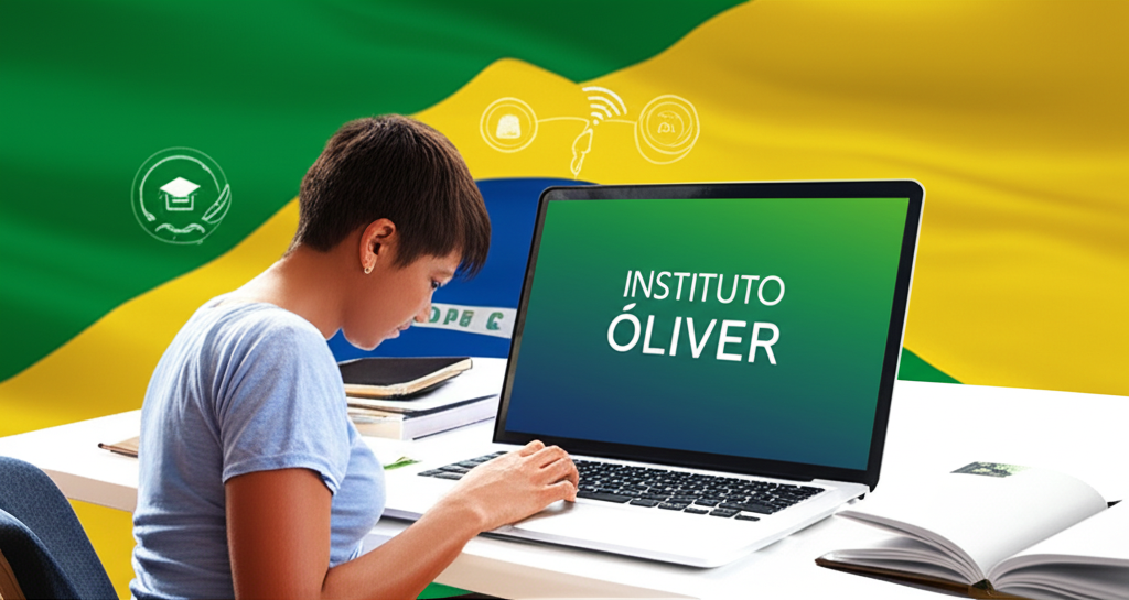 Adulto estudando EJA online no Instituto Óliver, usando laptop e materiais de estudo em ambiente doméstico.