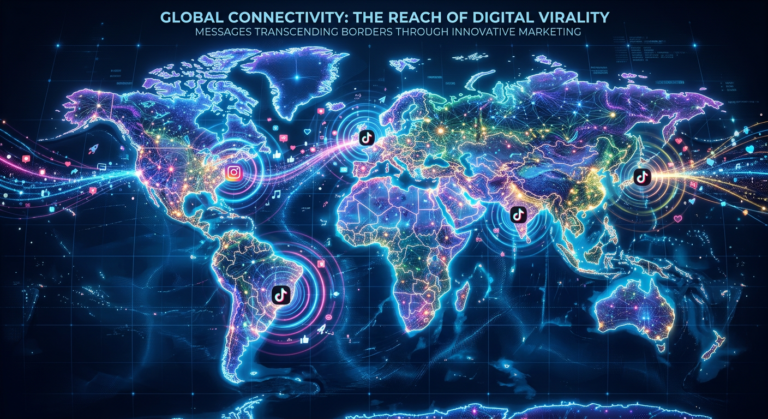 Mapa-múndi digital com linhas de conexão luminosas e ícones de redes sociais como Instagram e TikTok, simbolizando a expansão global e a viralidade do conteúdo do Sistema Viral Andréa Mazeto. A imagem representa o alcance internacional do marketing digital.
