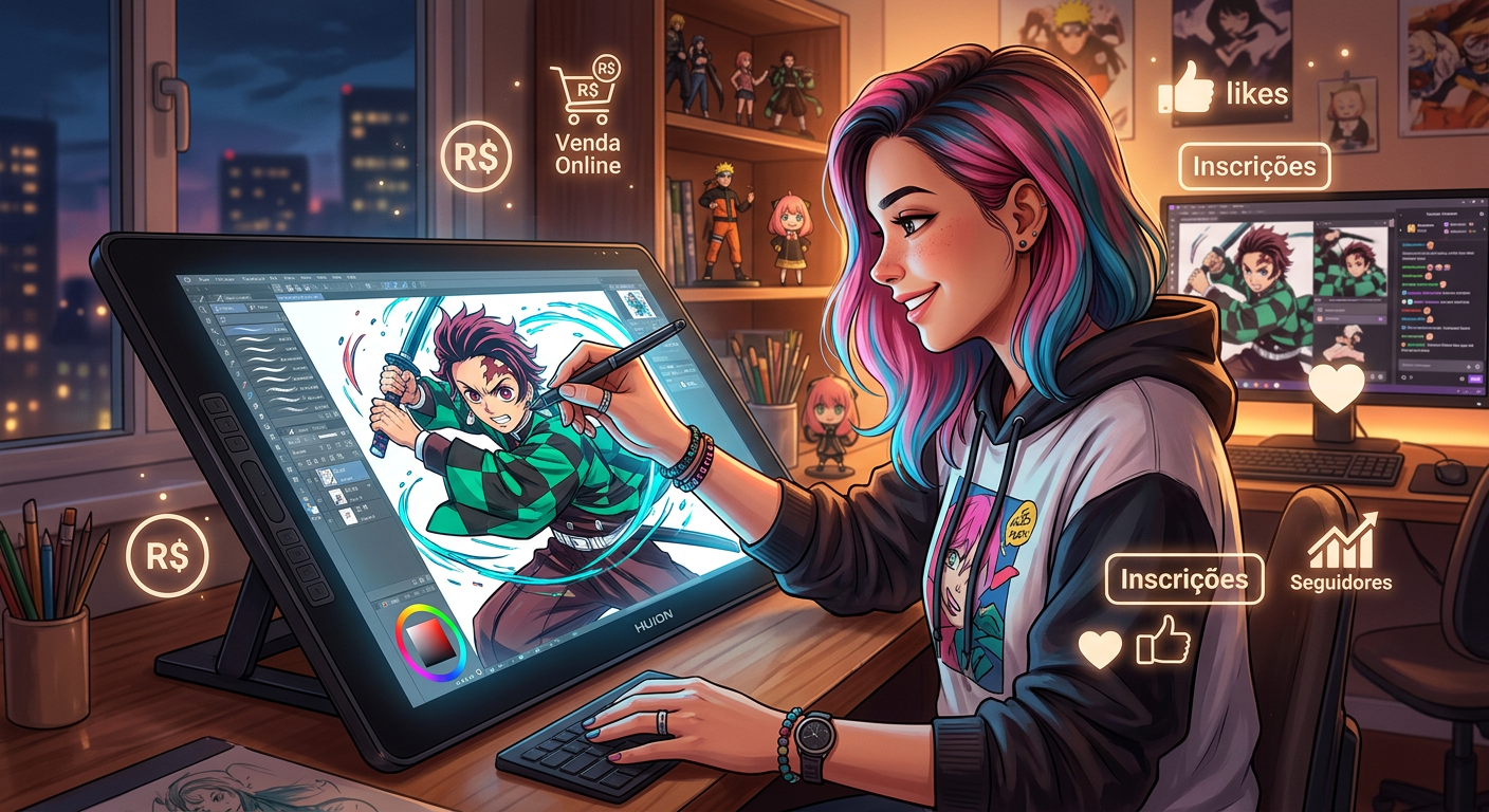 Jovem desenhando fanart digital em tablet, com ícones de monetização e personagens populares ao redor. Ilustra o curso Fanart 4.0 e como lucrar com arte.