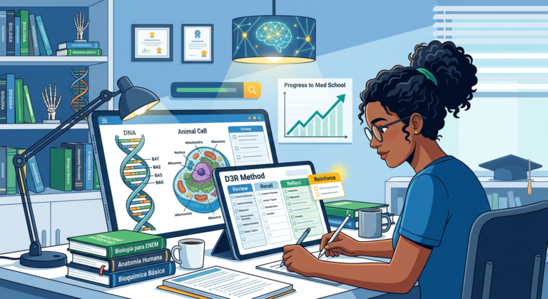 Estudante utilizando o Método D3R da BIOATP para biologia do ENEM, melhorando memorização e performance.