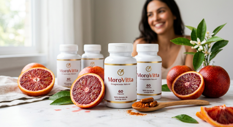 Potes do suplemento MoroVitta ao lado de laranjas Moro frescas e fatiadas, destacando os ingredientes naturais e os benefícios para emagrecimento e pele.