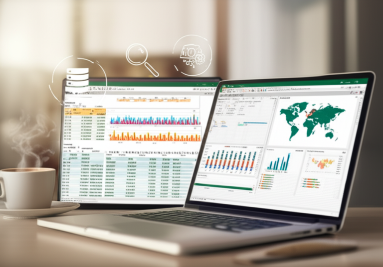 Laptop screen showing an Excel spreadsheet alongside a Power BI dashboard with interactive visualizations.