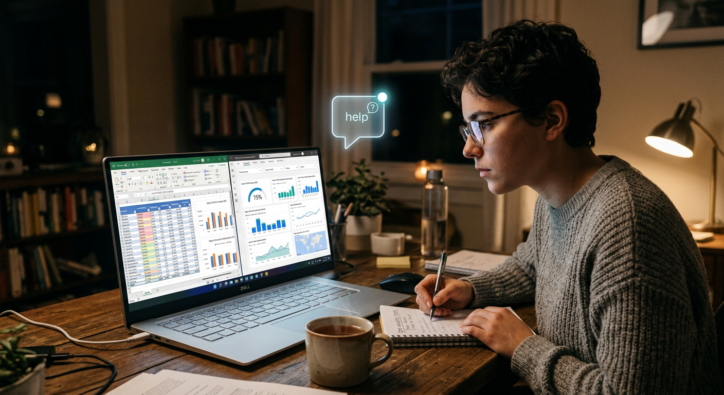 Pessoa estudando Excel e Power BI no laptop tarde da noite, com ícone de chat flutuante indicando suporte online.