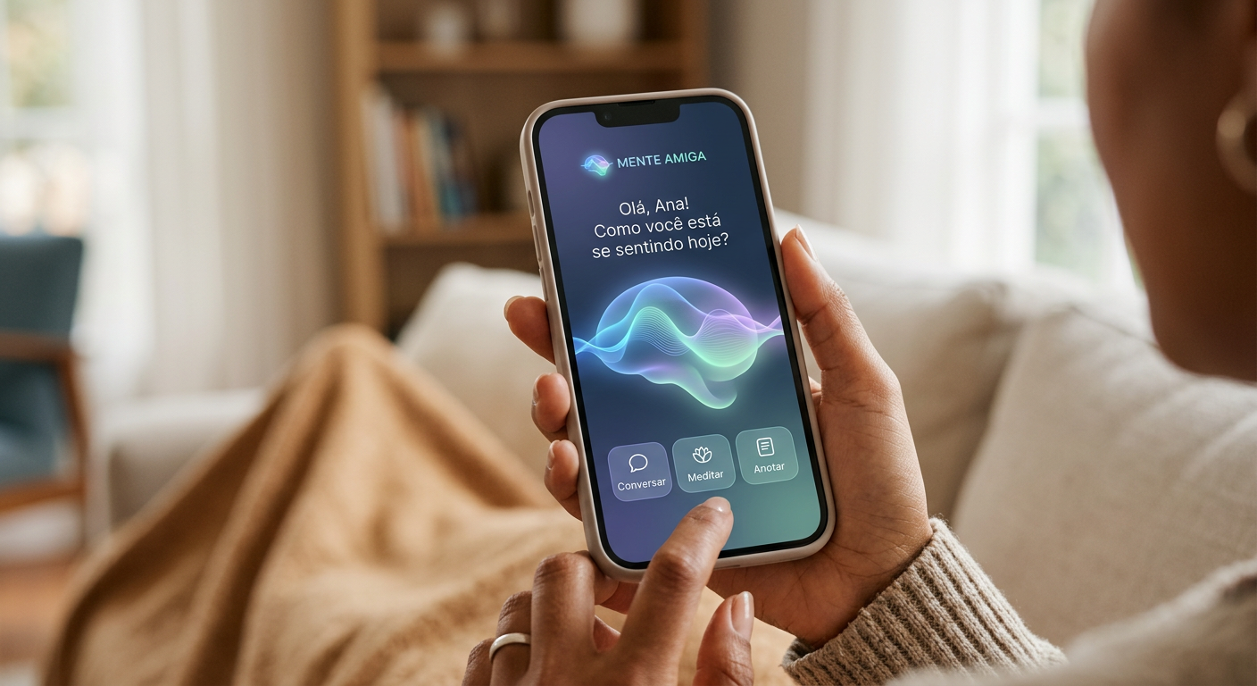 Smartphone com interface da AndreIA, a terapeuta de bolso baseada em IA, oferecendo apoio emocional e autoconhecimento.