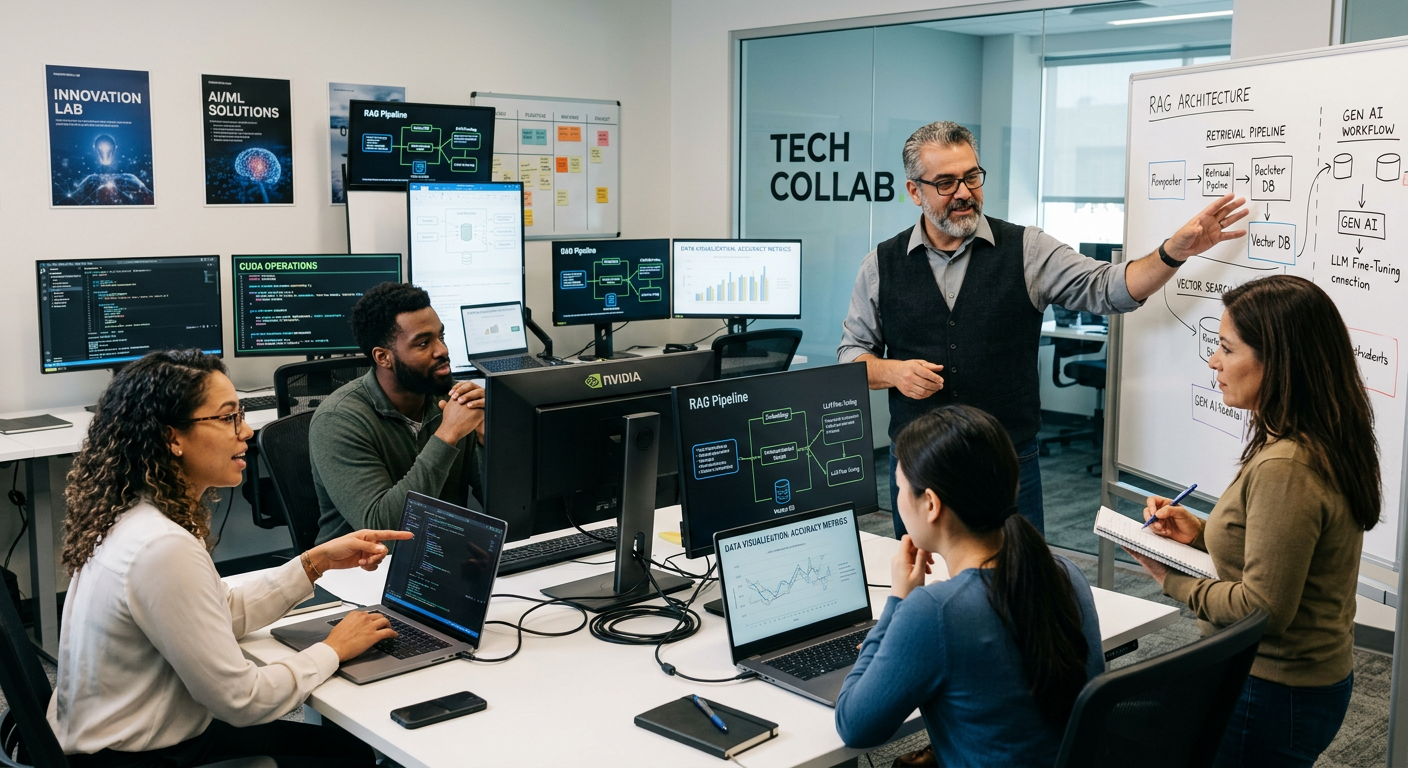 Grupo de engenheiros de software, incluindo Alberto Souza, em um escritório de tecnologia avançada, discutindo e desenvolvendo projetos de Engenharia de IA com código e gráficos em telas.
