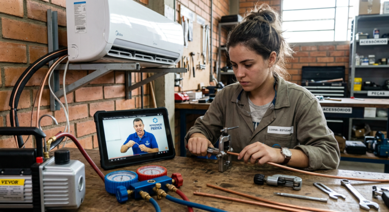 Jovem aluno concentrado aprendendo a instalação de ar condicionado Split Hi-Wall, com ferramentas de refrigeração (manifold, flangeador, bomba de vácuo) e tablet exibindo vídeo-aula prática em bancada de trabalho, representando a realidade do curso.
