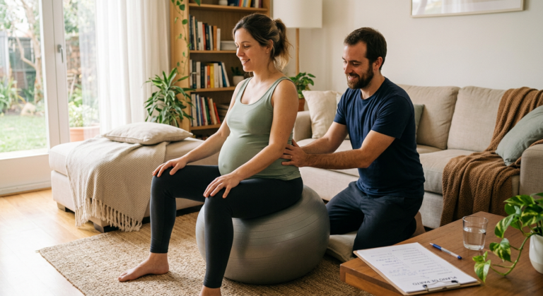 Casal grávido praticando exercícios de preparo para o parto com uma bola suíça, em um ambiente acolhedor, simbolizando o investimento e a colaboração no processo de um parto mais fácil e consciente.