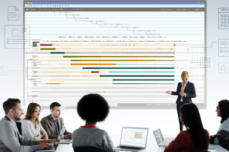 Instrutor apresentando Gantt chart do MS Project em aula virtual com alunos atentos.