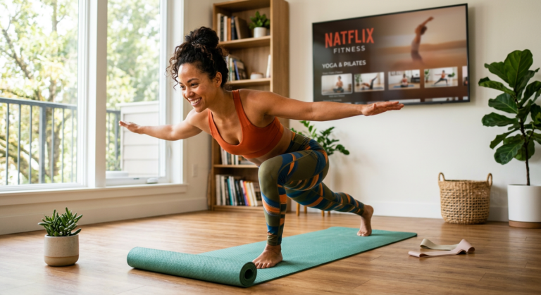Mulher sorridente e em forma praticando exercícios dinâmicos em casa, com um tablet exibindo a plataforma Natflix Fitness ao fundo, simbolizando saúde e bem-estar integral e a conveniência do treinamento online.