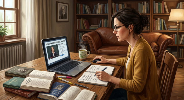 Mulher estudando psicanálise clínica online com laptop e livros, com um divã terapêutico ao fundo.