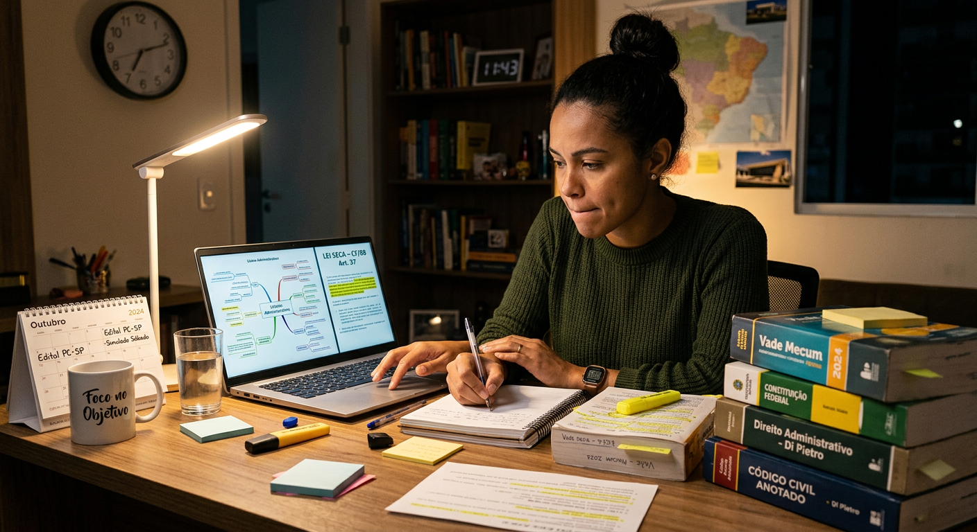 Concurseiro CLT estudando Lei Seca com mapas mentais digitais e textos grifados para concursos jurídicos, simbolizando a dedicação e o investimento em uma assinatura vitalícia.
