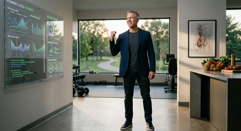 Homem de meia-idade com energia e vitalidade em ambiente que une tecnologia, saúde masculina e aprendizado, representando o curso Clube da Testo.