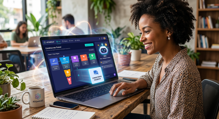 Interface intuitiva da plataforma Atomicat, mostrando funis visuais, construtor drag-and-drop e IA para marketing digital. Uma pessoa não-técnica a utiliza com facilidade, destacando acessibilidade.