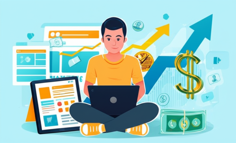 Estudante de marketing digital com laptop, gráficos de crescimento em dólares e símbolos de afiliados ao fundo.