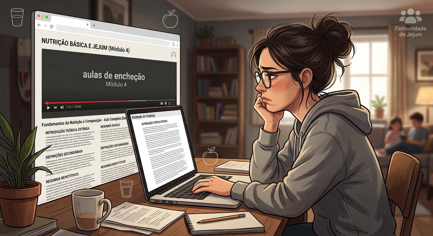 Pessoa com expressão entediada olhando um curso online com aulas de 'encheção' sobre jejum intermitente, simbolizando um teste de paciência.