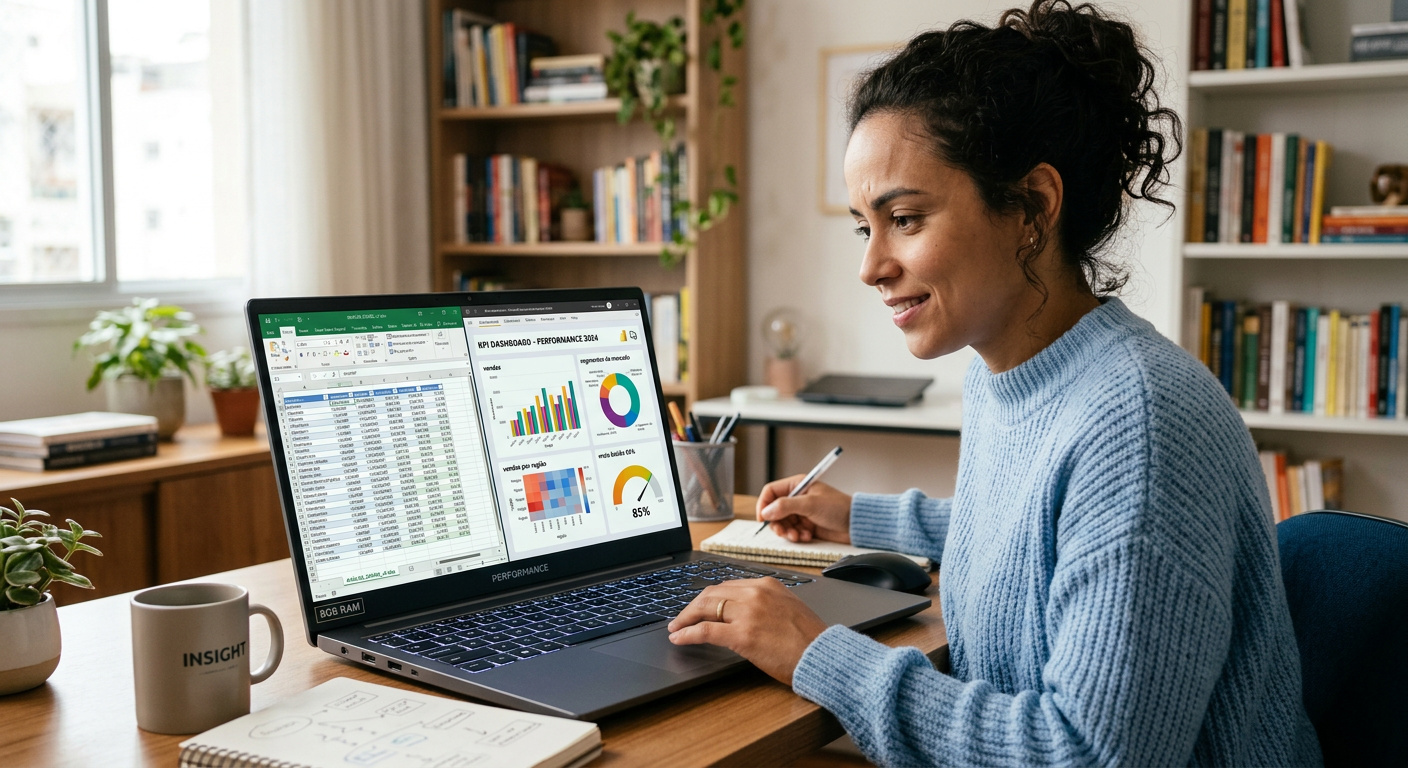 Pessoa focada aprendendo Excel e Power BI, com a tela do notebook mostrando planilhas e um dashboard, simbolizando o progresso em um curso para iniciantes ou 'pessoas lentas'.