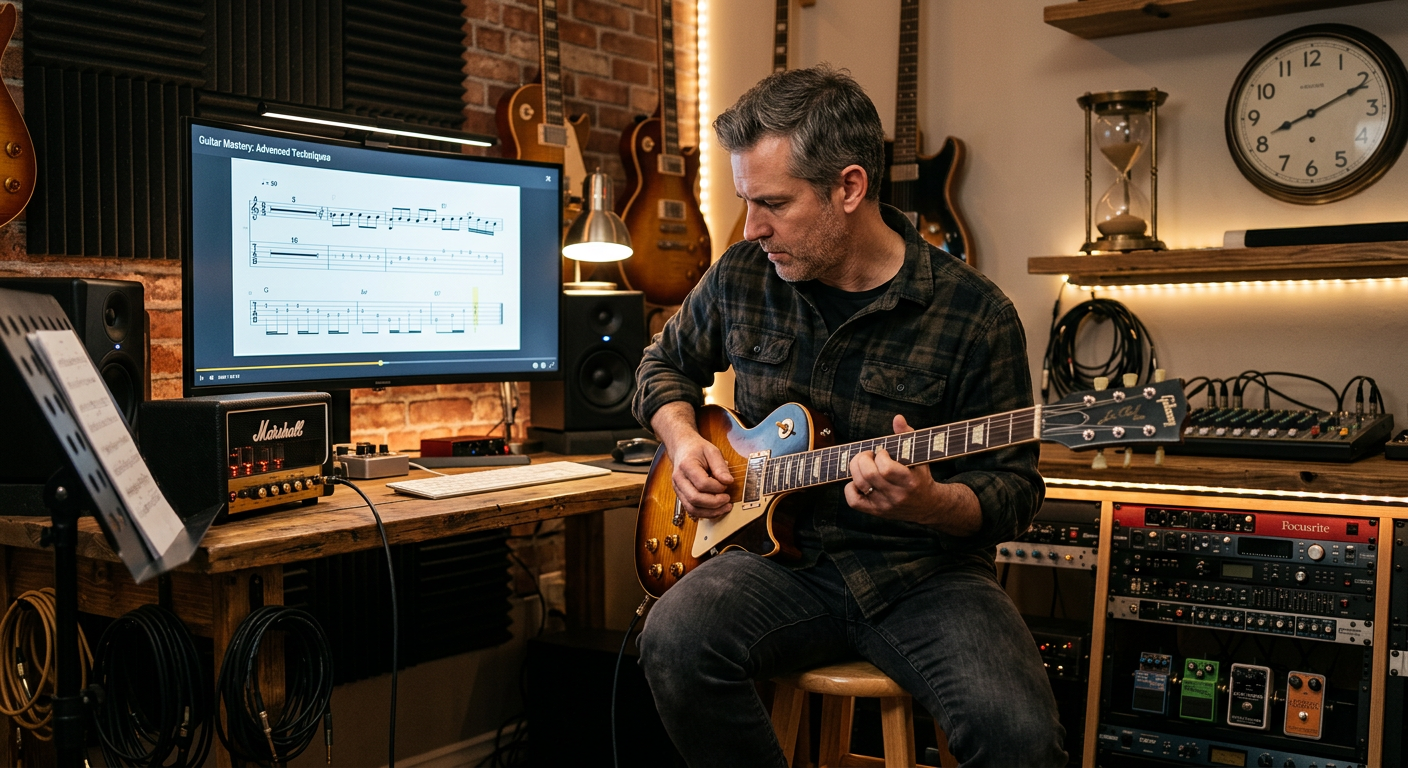 Guitarrista focado praticando guitarra elétrica, simbolizando o aprendizado intensivo e a paciência do curso Guitarra Intensiva de Rodrigo Ferrarezi.