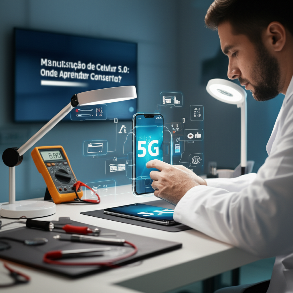 Técnico conserta um smartphone 5.0 em um laboratório moderno com ferramentas de alta tecnologia e tutorial holográfico ao fundo.