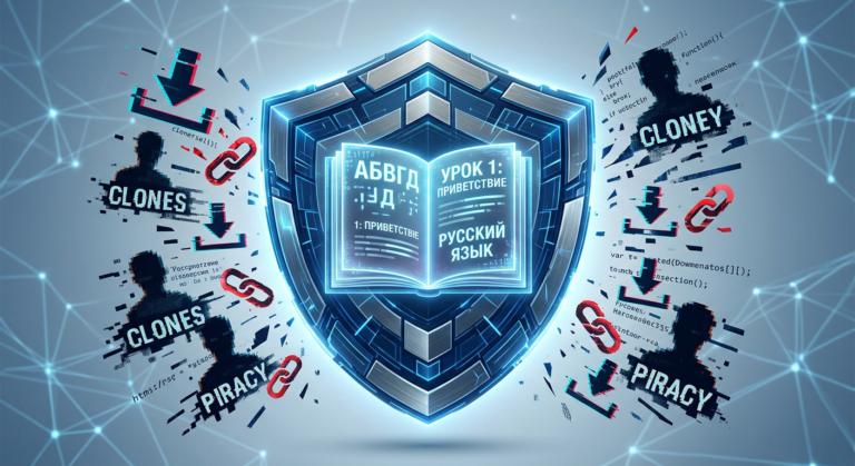 Escudo digital 'Durazul' protegendo um curso de russo online de símbolos de pirataria e cópias ilegais. Representa a defesa de Thiago Melo contra clones do seu 'Curso de Russo – Fluência Incondicional'.