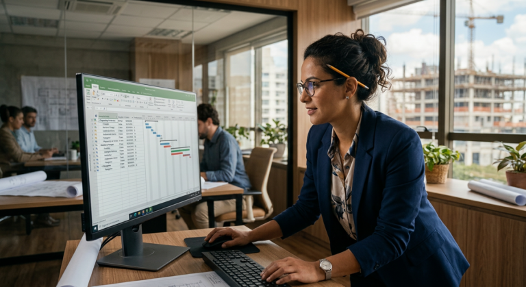 Profissional de engenharia ou gestão de projetos, de origem diversa, focado em uma tela de computador exibindo o MS Project em português, com um gráfico de Gantt detalhado e cronograma visível.