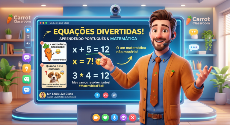 Professor Cenoura, um professor animado e amigável com elementos temáticos de cenoura, ensinando conceitos escolares de forma divertida em uma tela digital com memes educativos e conteúdo simplificado.