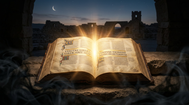 Imagem de um livro da Bíblia aberto, com versículos iluminados, repelindo símbolos abstratos de heresias modernas. Ao fundo, ruínas arqueológicas da Terra Santa, simbolizando a base histórica e a defesa da fé católica.
