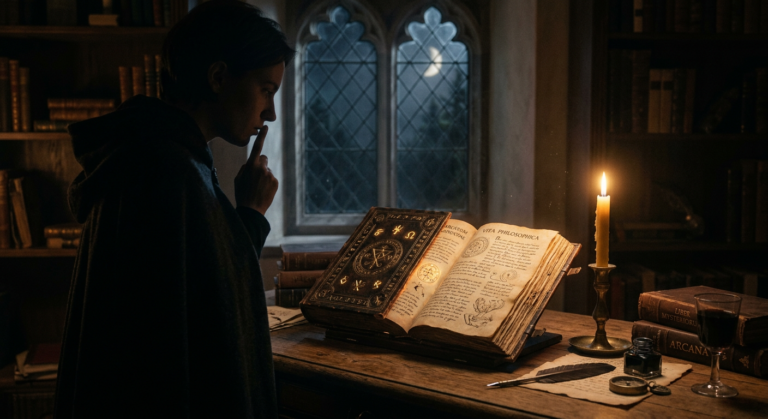 Grimório Antifofista aberto sobre uma mesa de madeira sob a luz da lua, com uma silhueta pensativa fazendo um gesto de silêncio. A imagem representa sabedoria e discrição noturna.