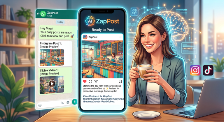Smartphone exibindo um post de rede social pronto do ZapPost, entregue via WhatsApp. Elementos de inteligência artificial e um empreendedor relaxado no fundo, simbolizando praticidade e economia de tempo.