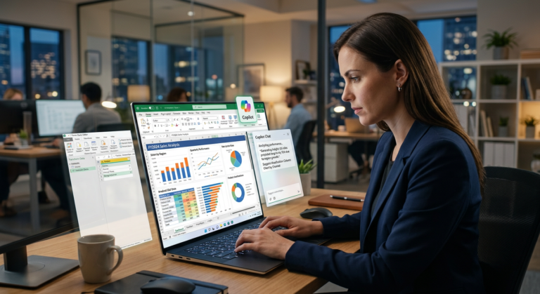 Pessoa concentrada em laptop com interface do Excel exibindo gráficos complexos, dashboards e Power Query, simbolizando domínio de dados e automação com IA em um curso de Excel expert.