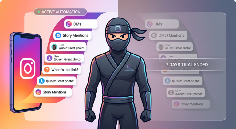 Ilustração de um ninja digital do InstaNinja, simbolizando a automação de Instagram em transição após o fim do teste gratuito de 7 dias, com fluxos ativos e pausados de mensagens e interações.