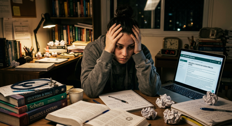 Estudante de medicina desanimada com redação, simbolizando a frustração e desistência no método CRM Redação Medicina.