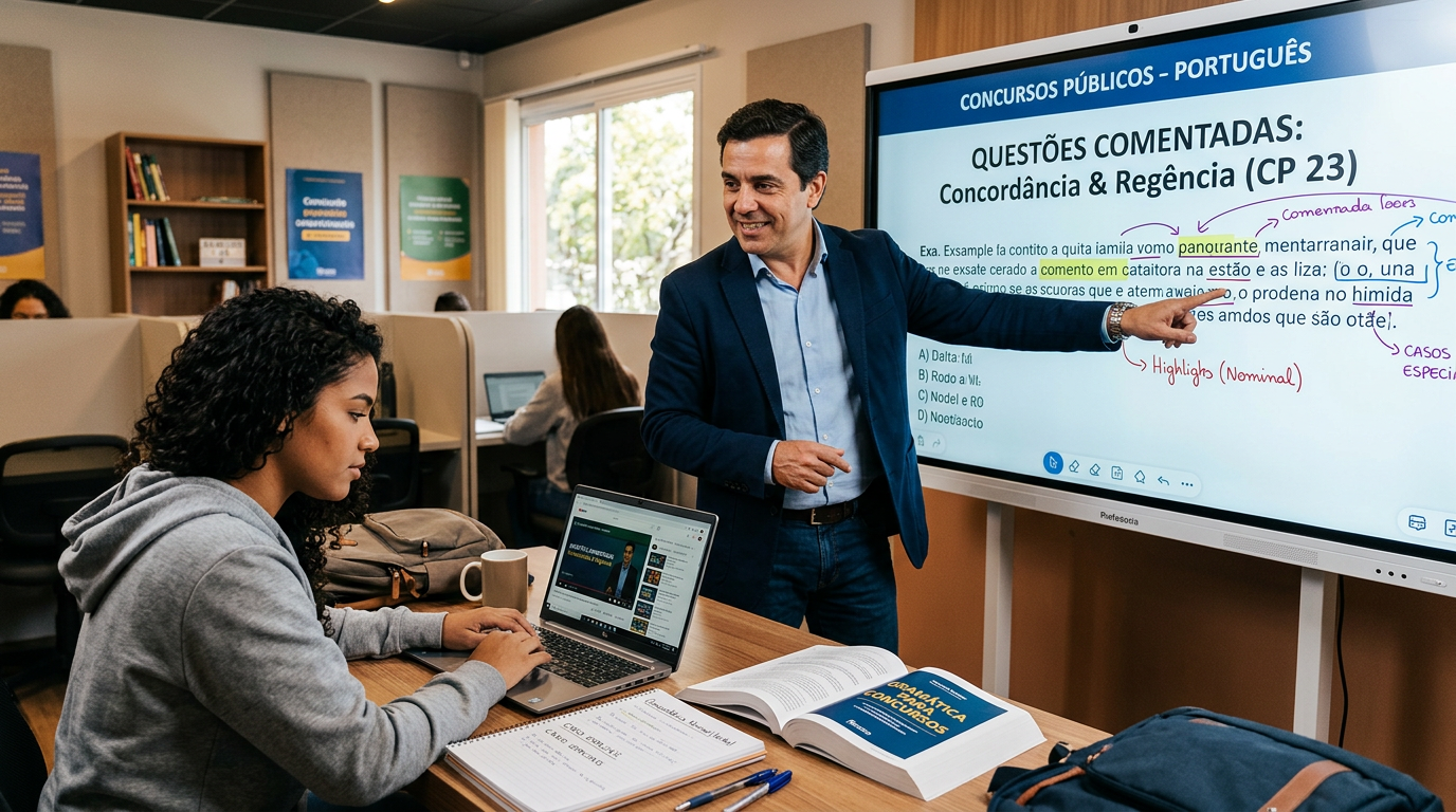 Professor Álvaro Ferreira ministrando aula de português para concurseiros em plataforma online, com aluno resolvendo exercícios.