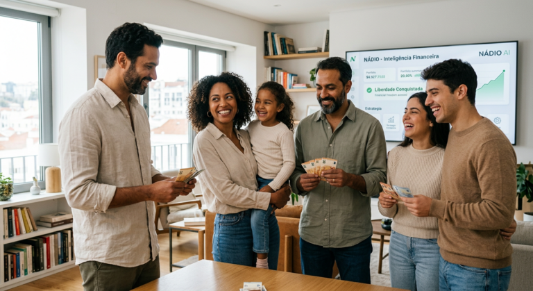 Pessoas sorrindo e celebrando a liberdade financeira com notas de dinheiro, IA Nádio e tablets, representando o curso Viva Sempre com Dinheiro da Nádia Pace.