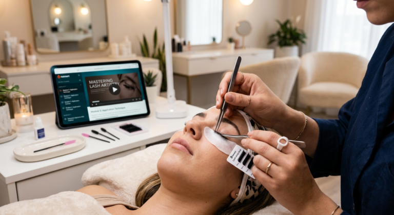 Mãos habilidosas aplicando extensões de cílios, com um tablet exibindo uma tela de curso online da Hotmart ao fundo, representando o aprendizado do 'Viver de Cílios Plano Start'.