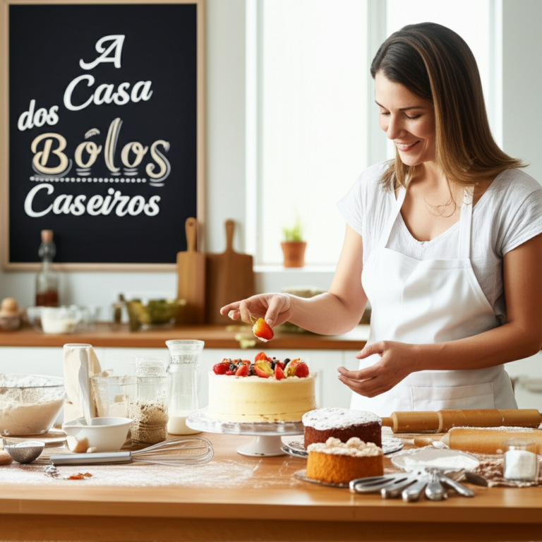 Cozinha caseira acolhedora com bolos caseiros sendo decorados por uma pessoa sorridente vestindo avental.