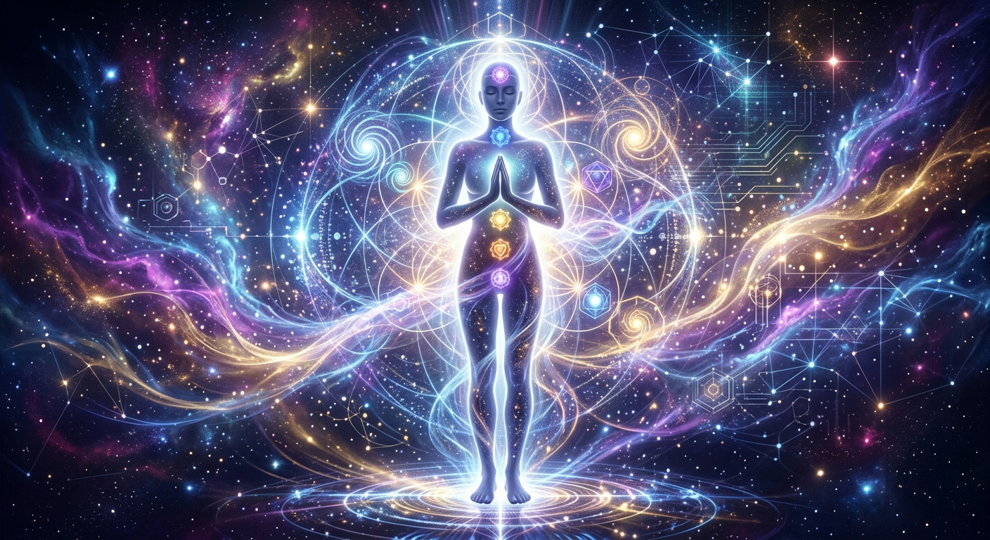 Representação abstrata de energias quânticas e frequências de luz harmonizando um campo energético humano, simbolizando o tratamento Mannah Quantec.