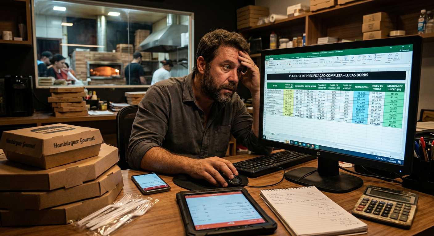 Empreendedor de delivery concentrado em uma tela de computador exibindo a 'Planilha de Precificação Completa - Lucas Borbs', com detalhes de custos, taxas de aplicativos de delivery e lucro líquido visíveis, cercado por itens de comida.