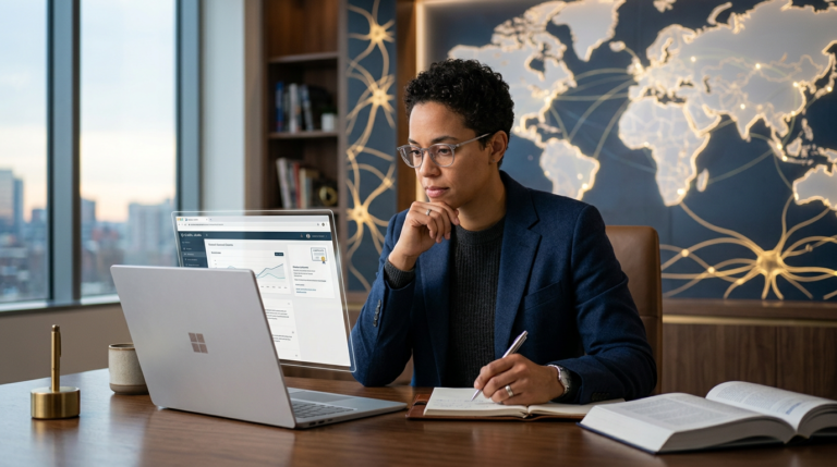 Profissional estudando psicanálise online com elementos de mapa-múndi e cérebro, simbolizando especialização internacional e conhecimento profundo.