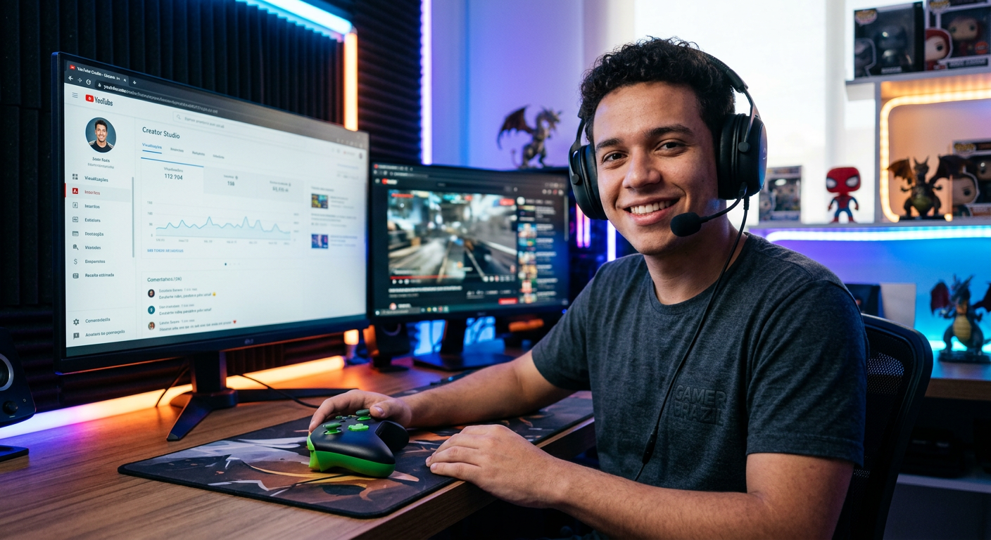 Jovem gamer brasileiro em seu setup, com monitor exibindo canal de YouTube de sucesso com conteúdo em português.