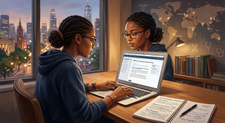 Estudante internacional focada usando o CRM Redação Medicina em seu laptop, com símbolos médicos e um mapa-múndi ao fundo.