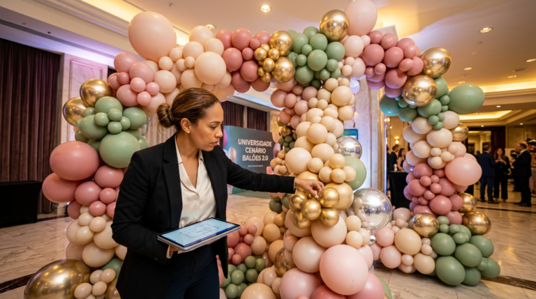 Grande escultura orgânica de balões coloridos em tons pastel e metálicos em um evento de luxo, com um decorador profissional revisando o acabamento, simbolizando a excelência do curso Universidade Cenário Balões 2.0.