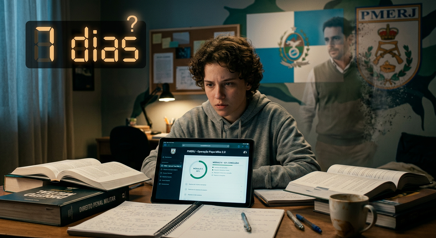 Estudante concentrado(a) no curso PMERJ Operação Papa Mike 2.0, com um relógio indicando '7 dias' e a silhueta de um professor se distanciando ao fundo, simbolizando a dúvida sobre o suporte pós-garantia.