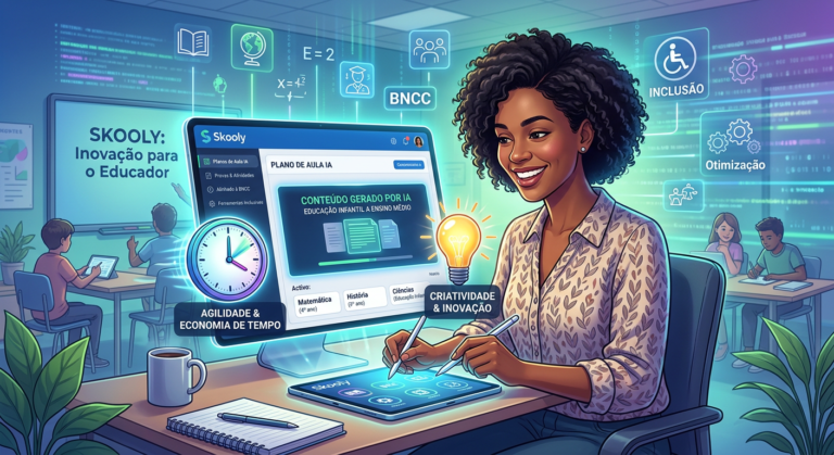 Educadora usando a plataforma Skooly com IA para criar materiais pedagógicos e planos de aula de forma rápida e eficiente.