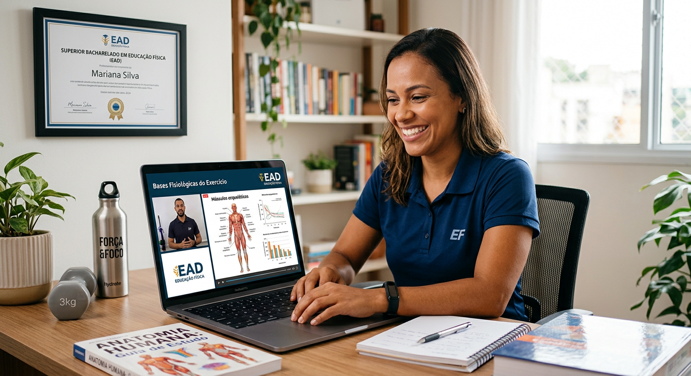 Estudante sorridente cursando Bacharelado em Educação Física EAD em notebook, com elementos de fitness e diploma ao fundo.