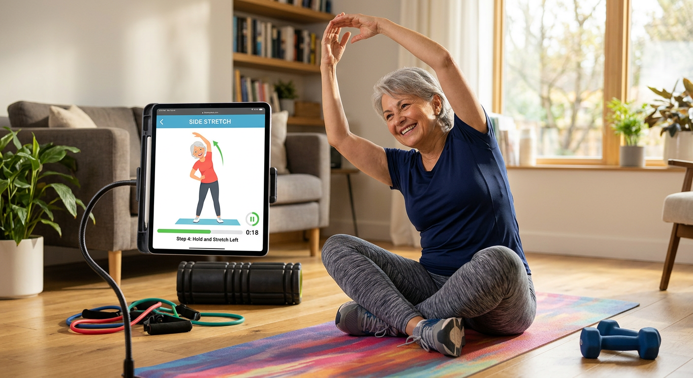 Pessoa sênior (60-75 anos) seguindo guia de treinos digital com GIFs no celular ou tablet.