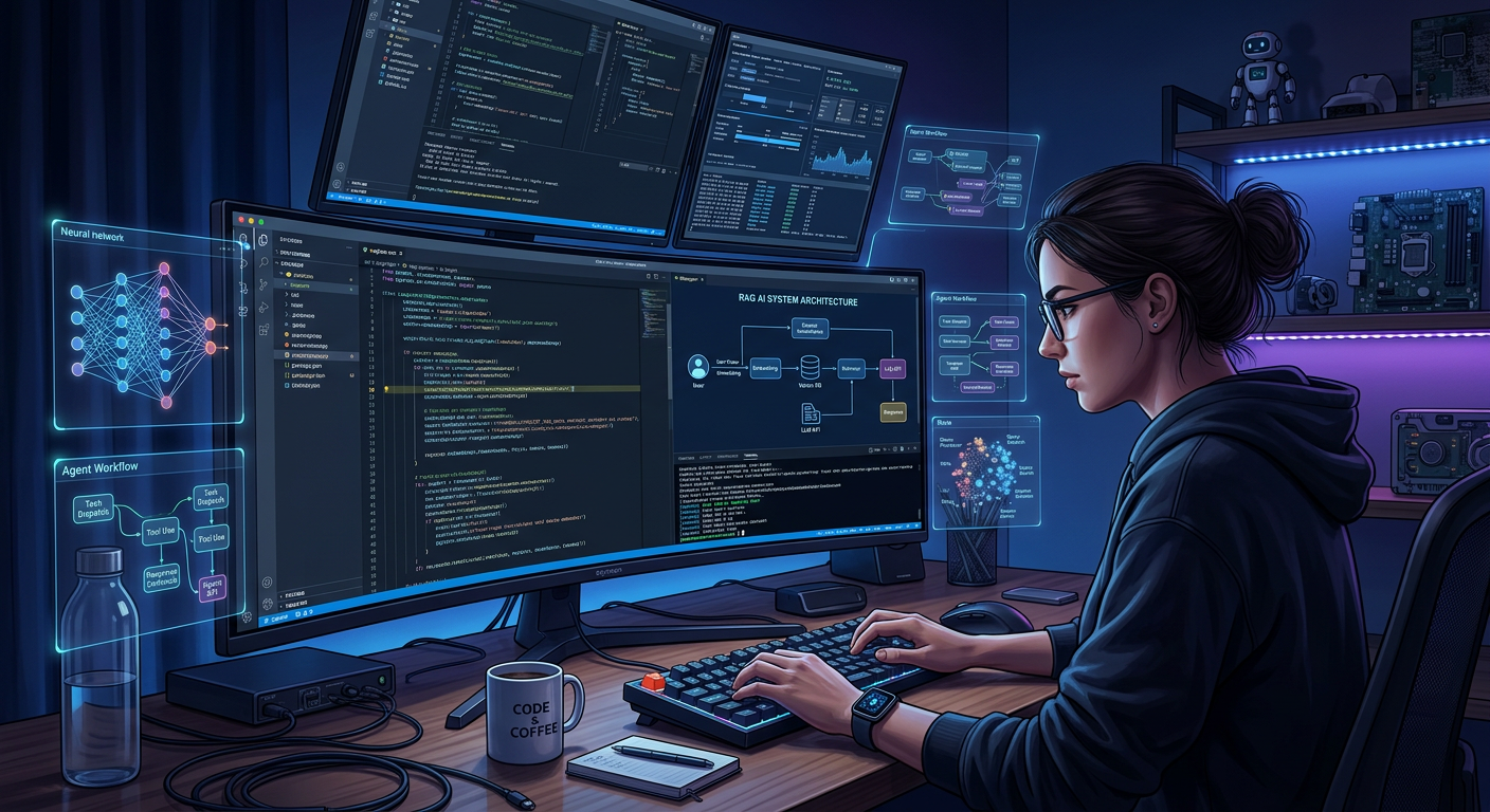 Engenheiro de software trabalhando em um setup de múltiplos monitores, desenvolvendo sistemas de IA com LLMs e arquiteturas RAG, exibindo código complexo e pipelines de dados.